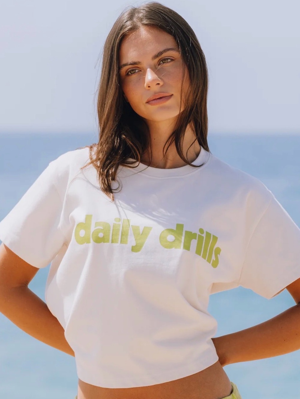 Daily Drills White Cropped Tee with Lime Logo